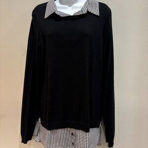 Adrianna Papel Black & White Collared Layered Look Long Sleeve Sweater, Large